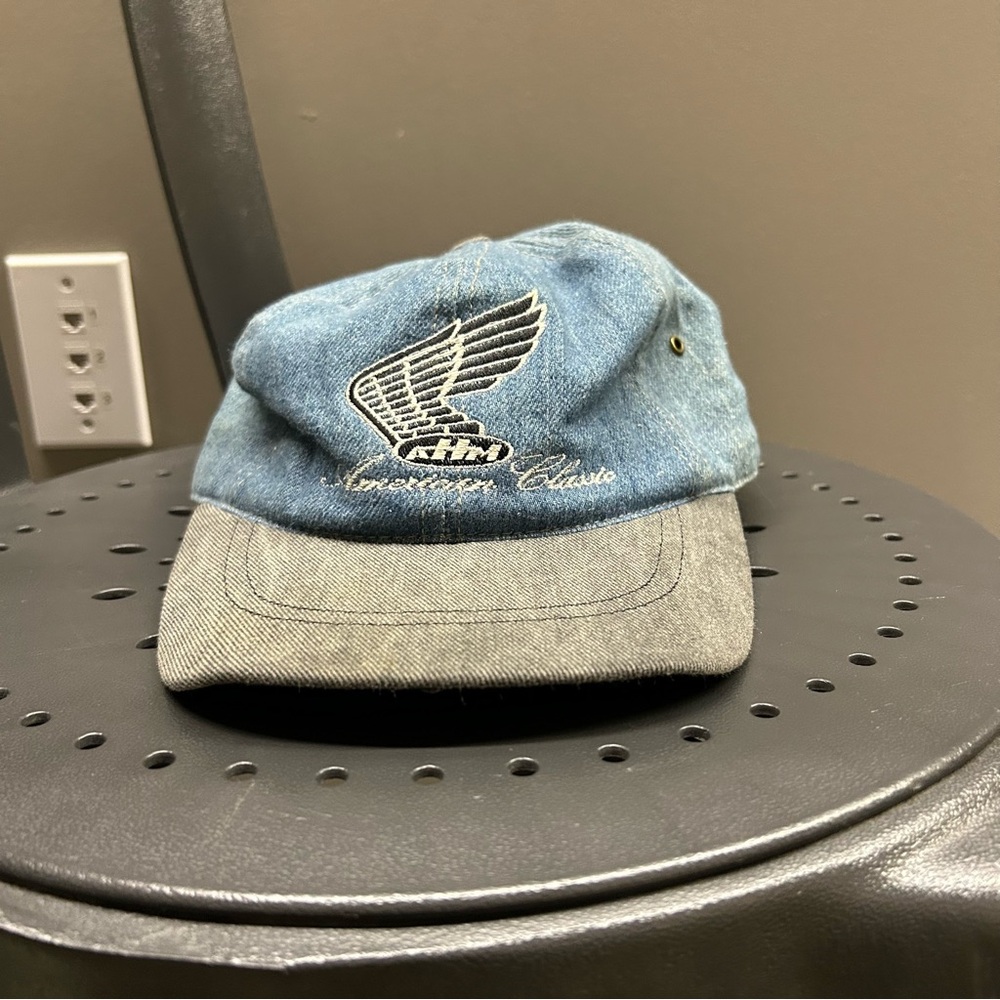 Vintage Honda Hat Men OSFA Blue Denim 90s Racing Motor Strapback Cap made In USA